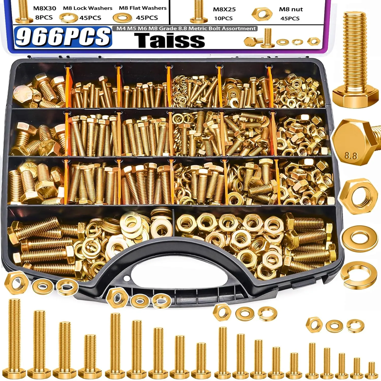 966pcs Grade 8.8 Metric Bolt Assortment,Metric Bolts and Nuts Assortment,Bolt Kit M4 M5 M6 M8(12-30mm) Heavy Duty Hex Bolts and Nuts Kit Flat/Lock Washer Yellow Zinc Plated,with Handheld Box