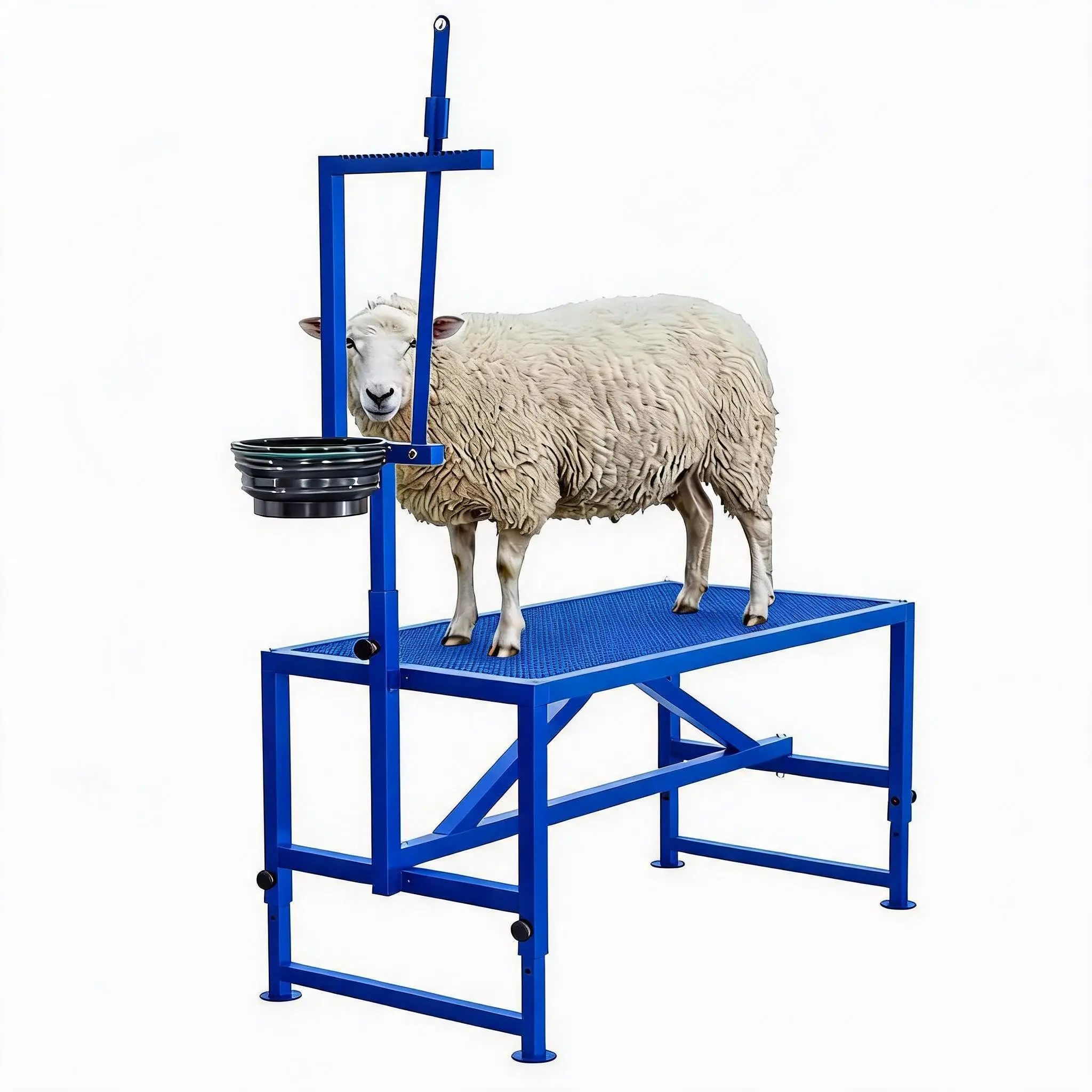 600 lb Heavy-Duty Goat Milking Stand & Grooming Table - 47" Adjustable Stanchion with Headpiece, Feed Bin & Adjustable Legs - For Shearing, Hoof Trimming & Exams