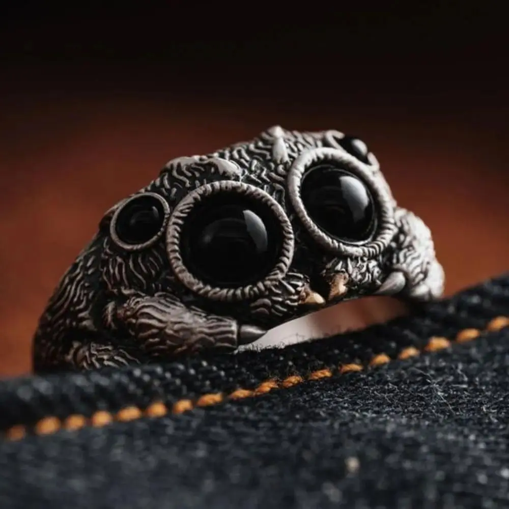 Black Agate Jumping Spider Open Ring - Electroplated Cu, Animal Theme, Spider-Inspired Art, Fuzzy Hair, Adjustable Sizes, Smooth Inner Fit, Christmas Fashion Costume Jewelry Statement Ring