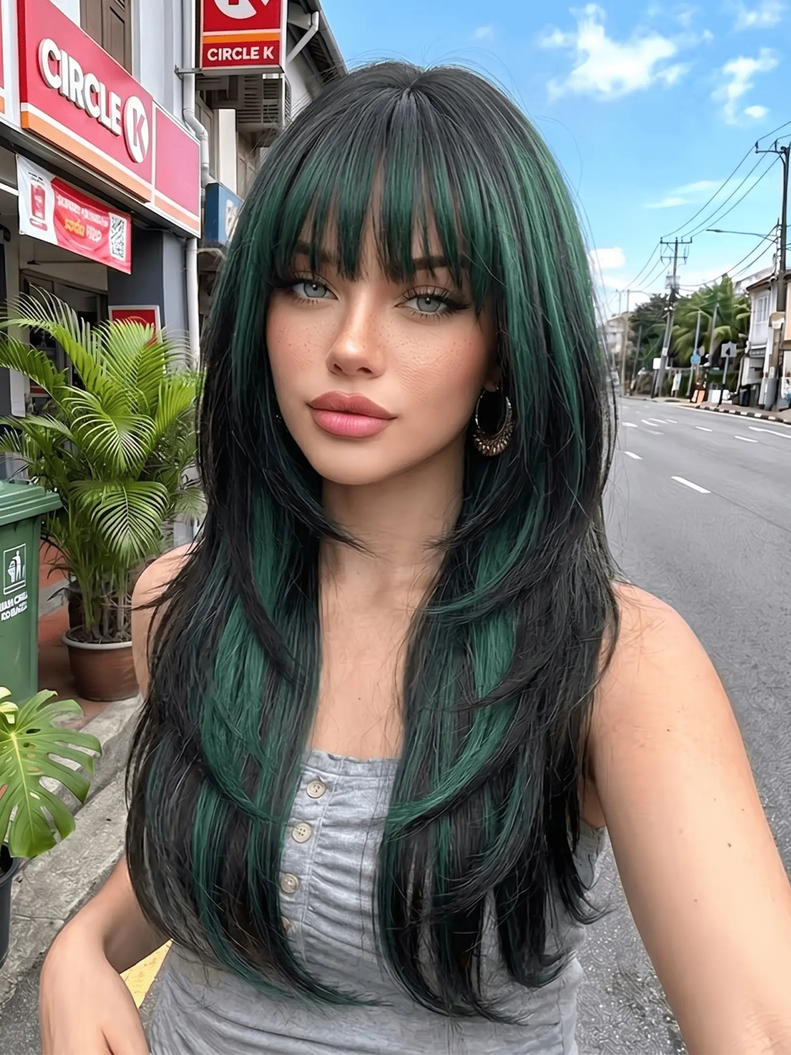Dark Long Straight Wig for Women, Bangs Design, Synthetic Hair, All Seasons, Halloween Cosplay, Party Wear, Full Headpiece