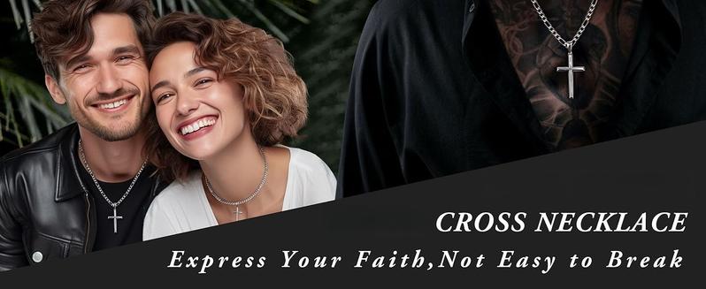 THUNARAZ 2 Pcs Cool 925 Sterling Silver Cross Pendant Necklaces for Men Women Durable Stainless Steel Figaro Link Cuban Chain Crucifix Jewelry Length Chains for Street Parties Birthday Christmas Gifts