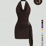 Solid Color Halter Neck Sleeveless Backless Slim Fit Ruched Dress, Business Dress, Chic Elegant Fitted Minimalist Casual Office Wear for Women & Comfortable for Daily Use