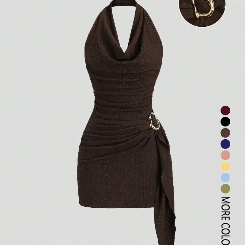 Solid Color Halter Neck Sleeveless Backless Slim Fit Ruched Dress, Business Dress, Chic Elegant Fitted Minimalist Casual Office Wear for Women & Comfortable for Daily Use