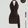 Solid Color Halter Neck Sleeveless Backless Slim Fit Ruched Dress, Business Dress, Chic Elegant Fitted Minimalist Casual Office Wear for Women & Comfortable for Daily Use