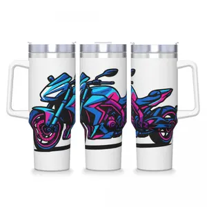 Biker Must Have! Clean White Base Bold Neon Blue Pink Sport Racing Motorcycle Full Wrap 40oz Handle Tumbler With Straw