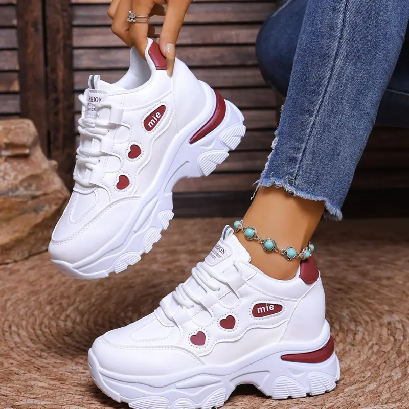 White platform casual shoes designed for women, featuring a non-slip thick sole, breathable and comfortable, suitable for daily wear, dates, and street style outfits, versatile and durable for all seasons. Runs half a size small