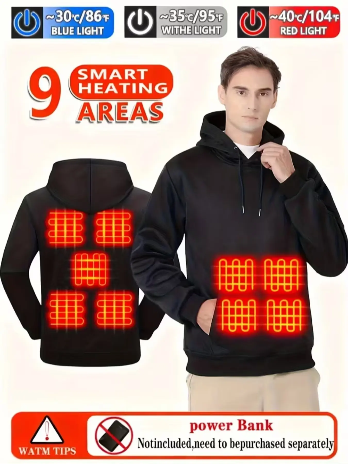9-Zone Heating Hoodie with 9 Heaters - Fast USB Charging, Smart Electric Heating, Adjustable Temperature Settings, Kangaroo Pocket, Regular Fit Casual Winter Hoodie for Men, Solid Color, Non-Stretch Fabric, Drawstring Hood, Winter Hoodie, Outdoor Activiti