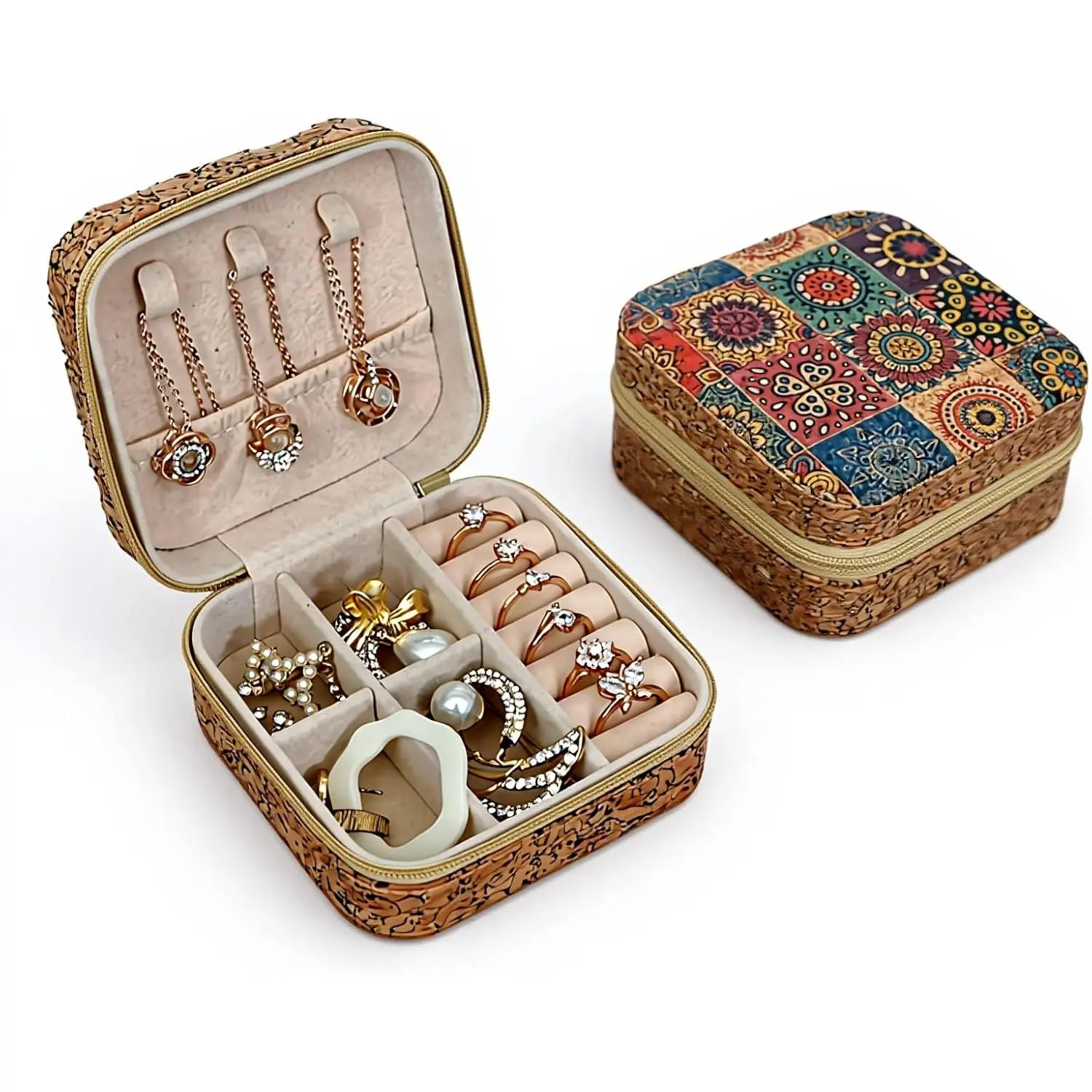 Retro Cork  Box with Bohemian Patterns for Storing Rings, Necklaces and Earrings During Travel, Soft  Interior, 3.8x3.8x1.8 Inches