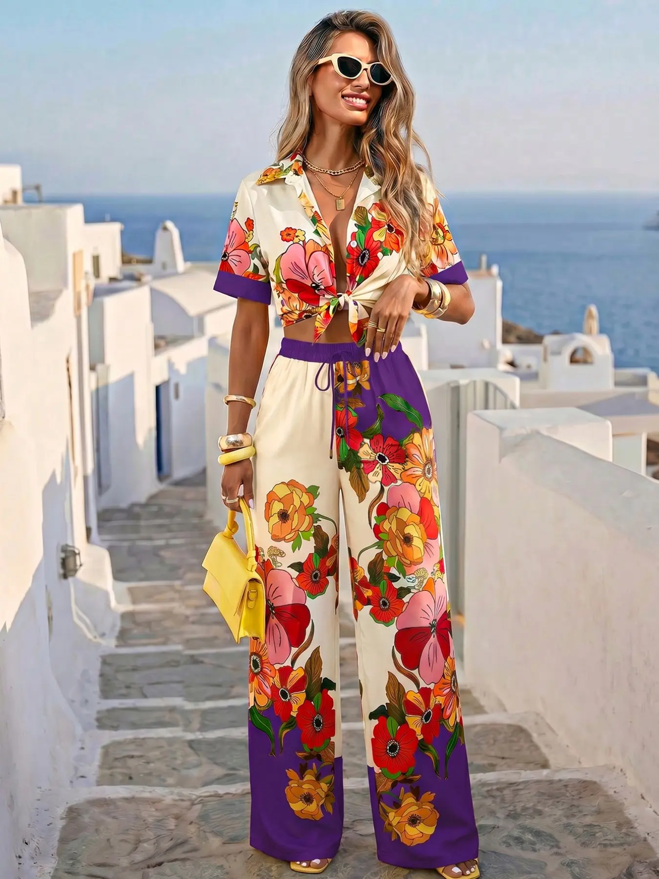 Beach Vacation Vibe Boho Style Colorblock Floral Shirt Tie Waist Slim Fit Flowy Wide Leg Pants Casual Two-Piece Set for Women