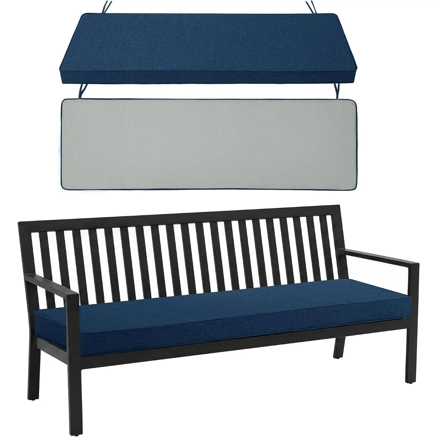 Solid Outdoor Bench Cushion - All-Weather Protection, All Seasons, Water-Resistant, Fade-Resistant, Non-Slip Bottom, Removable Machine-Wash Cover, Ties, 48x16in Navy Blue Pad for Porch Swing, Garden Loveseat