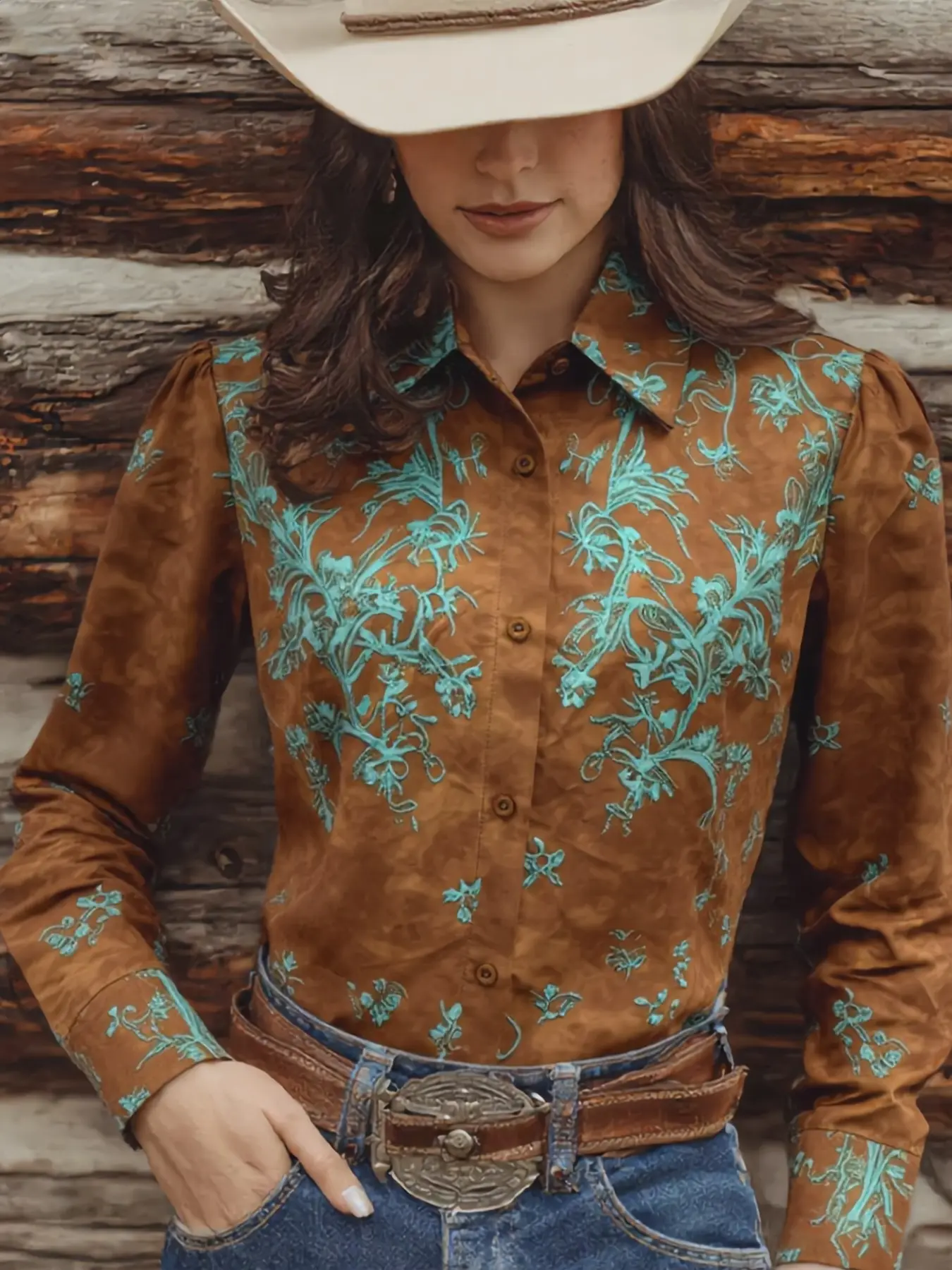 Women's Vintage Western Blue Floral Shirt, Bohemian Style Cowboy Top, Casual Fashion for Spring Summer, Women's Leisure Wear Blouses