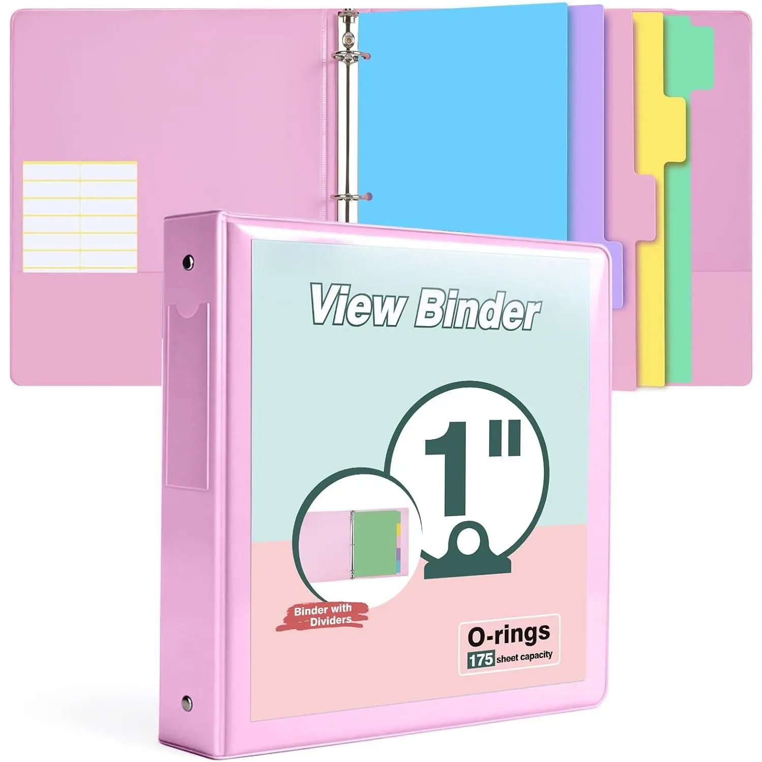3 Ring Binder 1 inch,Cute Binder Organizer with 5 Tab Dividers Fits 175 Sheets of 8.5x11 Paper, Customizable Clear Cover with Inside Pockets, Aesthetic 1" Three Ring Binders for School Office,