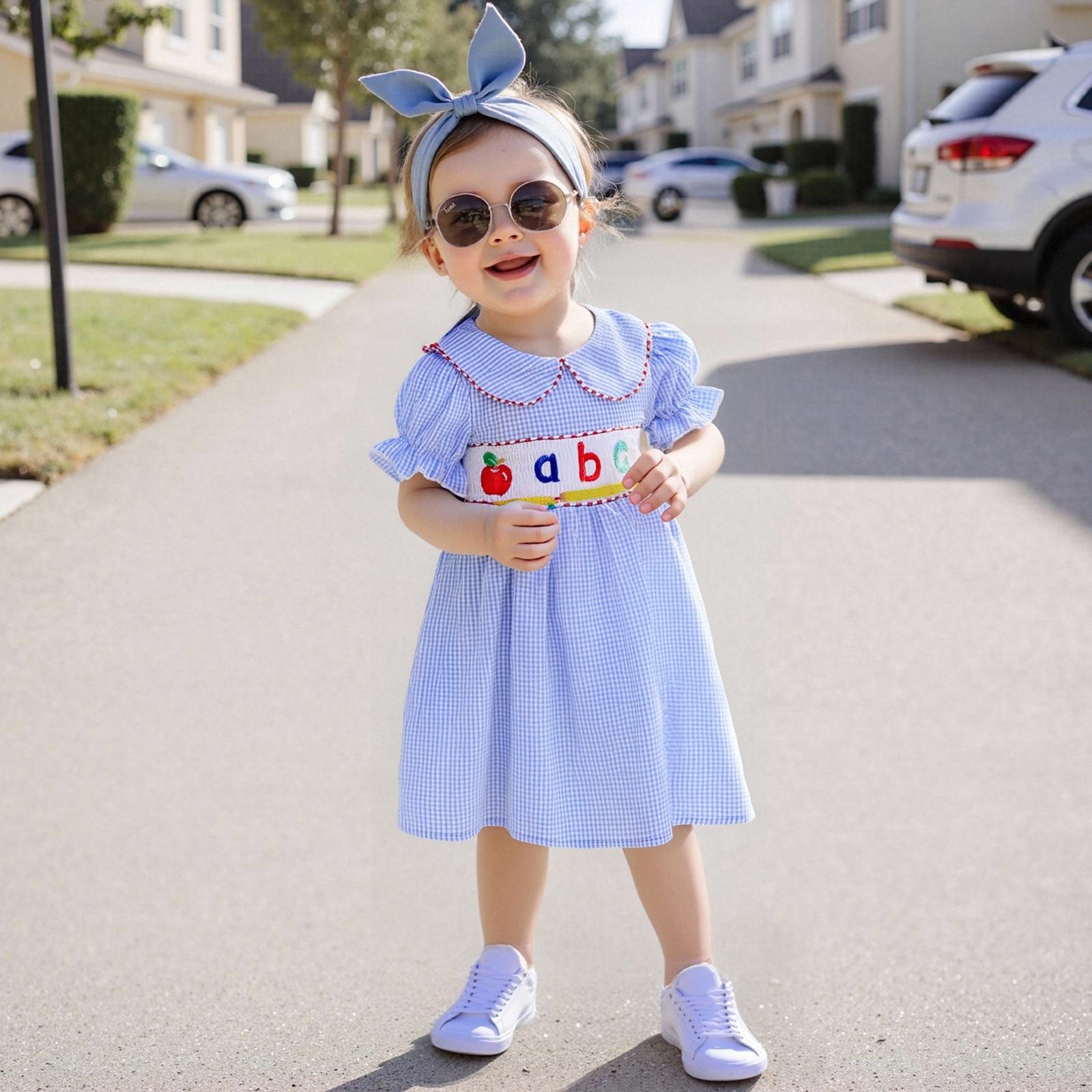 Toddler Girls Back to School Outfit Letter Apple Embroidery Plaid Doll Collar Short Sleeve Babydoll Dress Summer