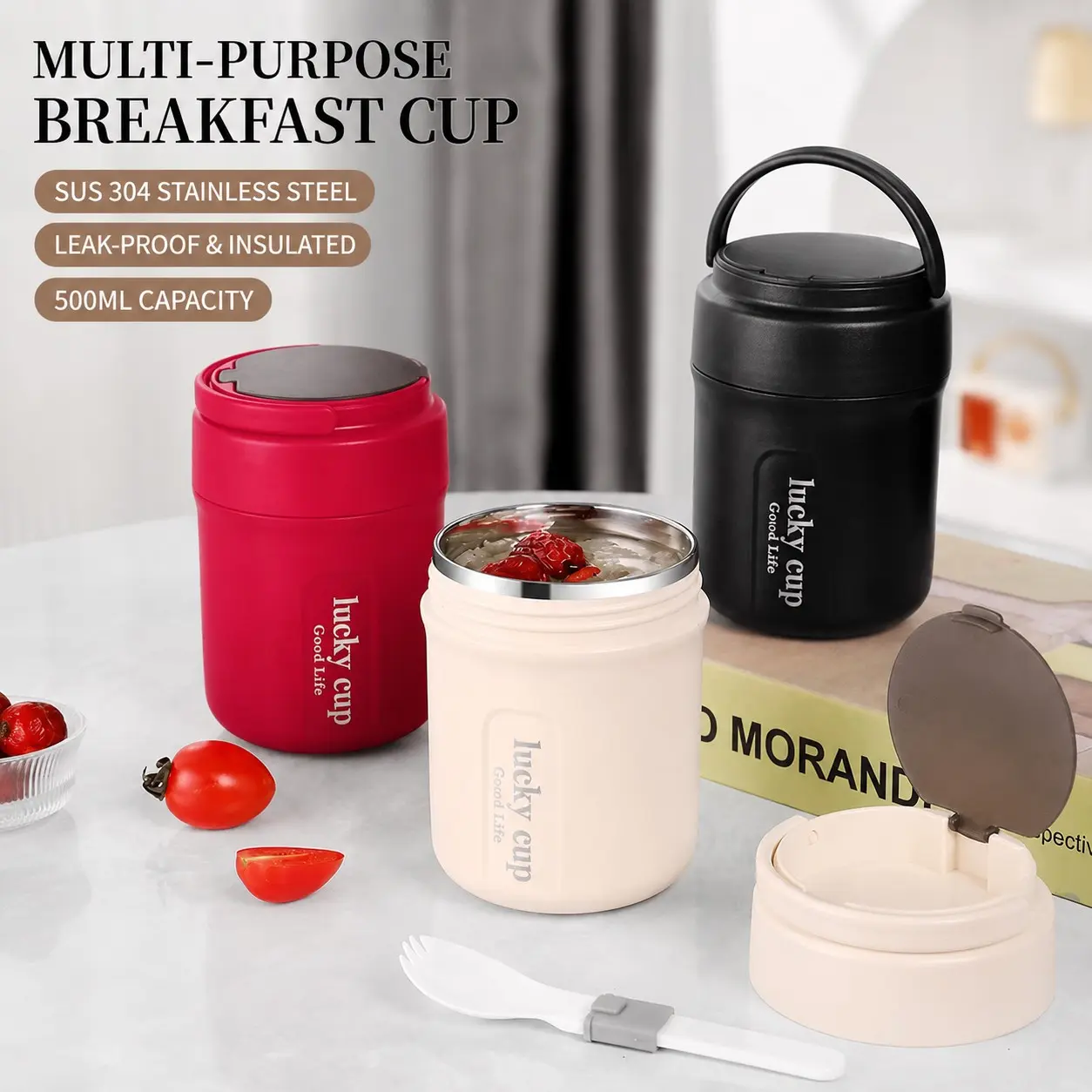 Stainless Steel Vacuum Insulated Lunch Box 500ML, Portable Meal Warmer, Soup Cup, Insulated Container, Bento Box with Foldable Spoon, Back-To-School Essential