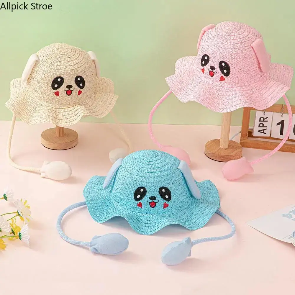 Children's Cute Bunny Straw Hat with Airbag Moving Ears, Floppy Summer Sun Hat for Outdoor Activities, Cheerful Smile