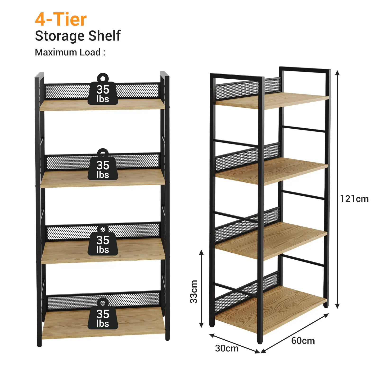 4-Tier Diamond Mesh Storage Rack with Steel Frame & MDF Shelves, Industrial Organizer for Living Room Room Storage Solutions, Organizer Storage