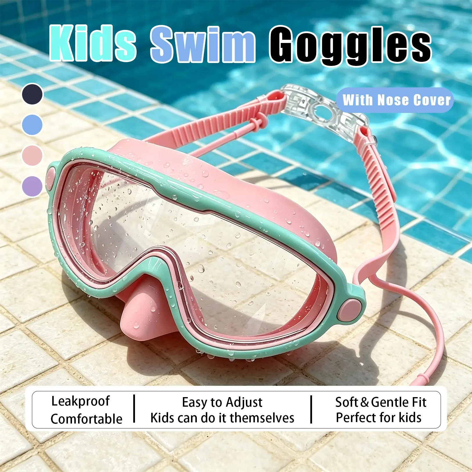 Swim Goggles 1 Pcs with Nose Cover for Ages 3-14+ Kids,Youth,UV Protection Anti-Fog Wide View Anti-Shattered Lens for Boys and Girls-Safety anti-uv swim glass anti-fog swimming goggles for Outdoor,Beach,Lake,Summer Party,Pool party Water Goggles