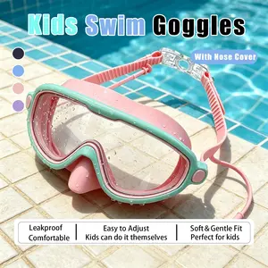Swim Goggles 1 Pcs with Nose Cover for Ages 3-14+ Kids,Youth,UV Protection Anti-Fog Wide View Anti-Shattered Lens for Boys and Girls-Safety anti-uv swim glass anti-fog swimming goggles for Outdoor,Beach,Lake,Summer Party,Pool party Water Goggles