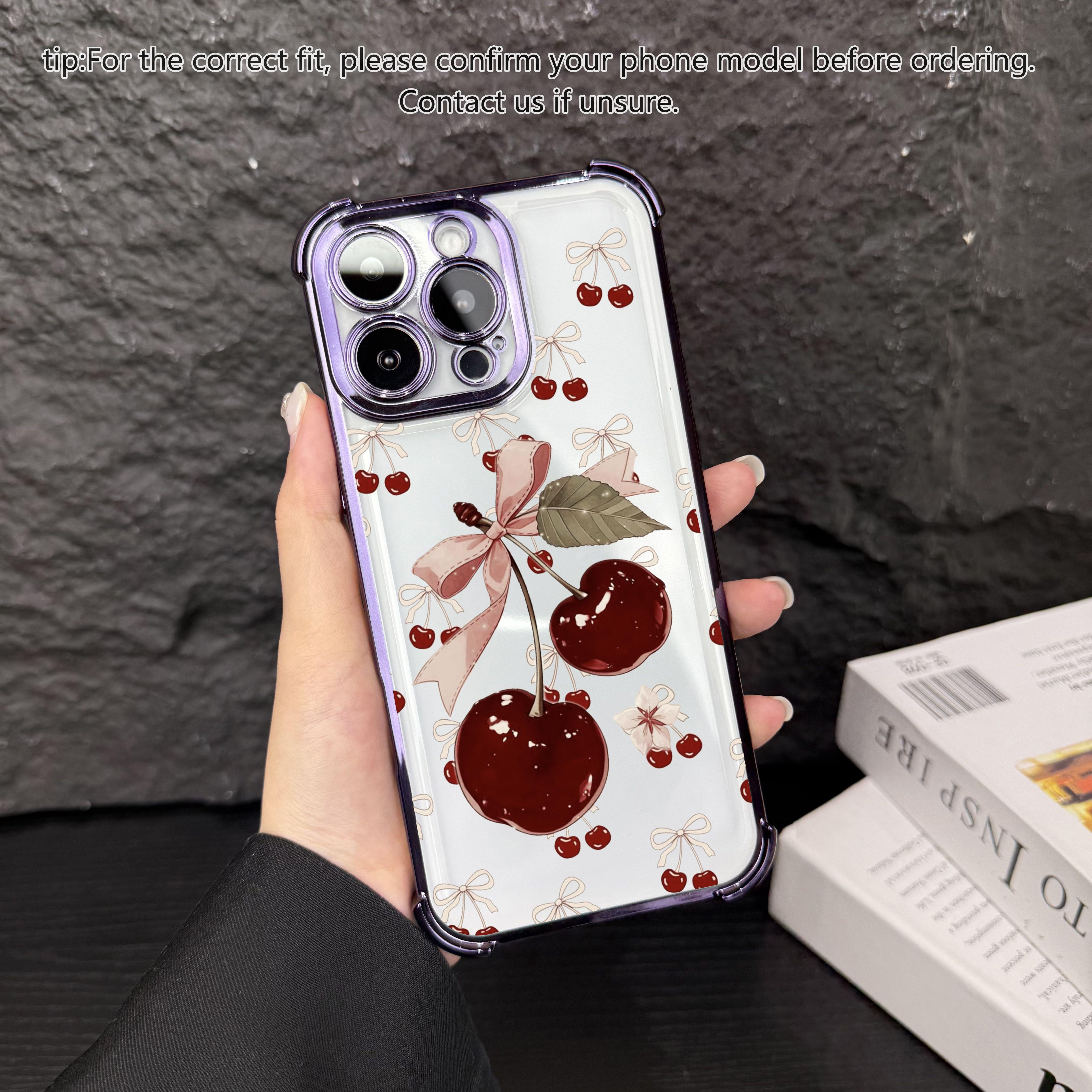 Cute cherry patterned electroplated transparent phone case with four corner airbags to prevent falls, suitable for iPhone 17Pro Max Air 16 15Plus 14 13 12 11 XR XS Samsung Galaxy S26 Ultra S25 Ultra S24 S22 phone case-A186