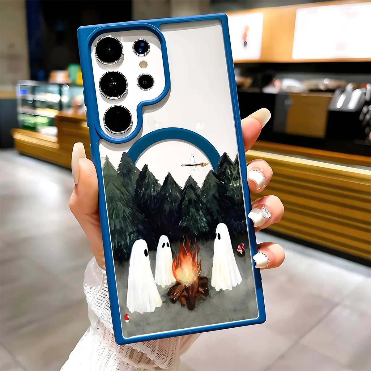 Ghosts' Campfire Gathering Pattern Clear Magnetic Phone Case, Compatible with MagSafe Silicone Bumper Protective Cover For Samsung S26 S25 S24 S23 S22 Ultra Plus FE, Halloween