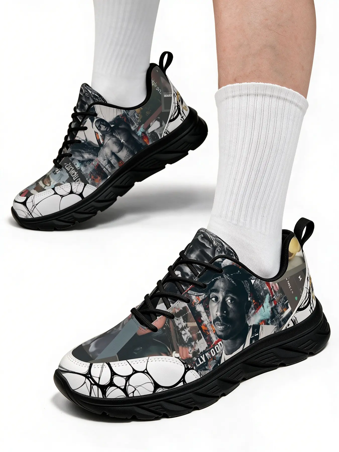 Exclusive Unique Rapper Print America Street Style Men'S Lace Up Running Shoes Non-Slip Wear-Resistant Retro Music Figure Design Lightweight Streetwear Casual Trainers Versatile For Daily Outings Sports Shoes