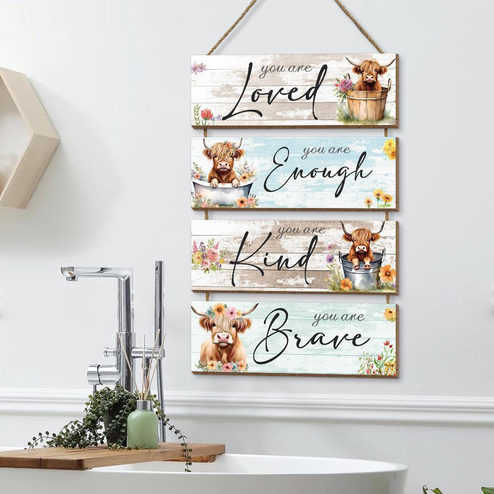 Highland Cow & Flower & Letter Pattern Wooden Sign, Vintage Plaque Decor, 4 Counts/set Farmhouse Themed Wall Hanging Ornament, Wall Decor for Home Living Room Bedroom Kitchen