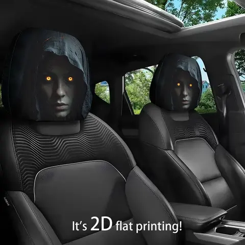 2pcs Modern Hooded Bright-Eye Mystery Figure Print Car Headrest Covers, Elastic All-Season Design, Car Seat Accessories, Ideal Gift for Long Drives