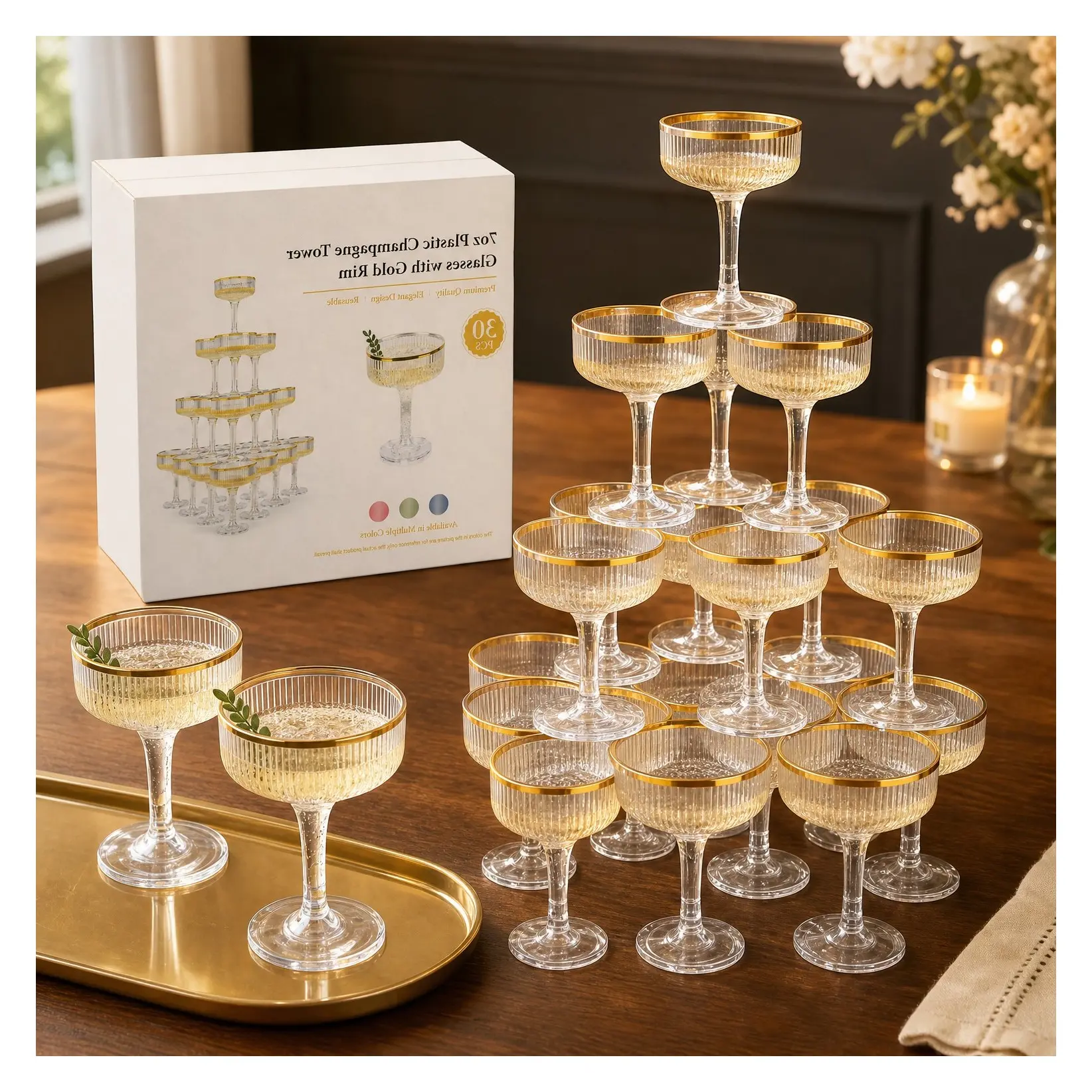 30 Pack 7OZ Clear Plastic Champagne Tower Glasses with Gold Rim Stackable Stemmed Coupe Glasses for Weddings Birthdays PartiesGift