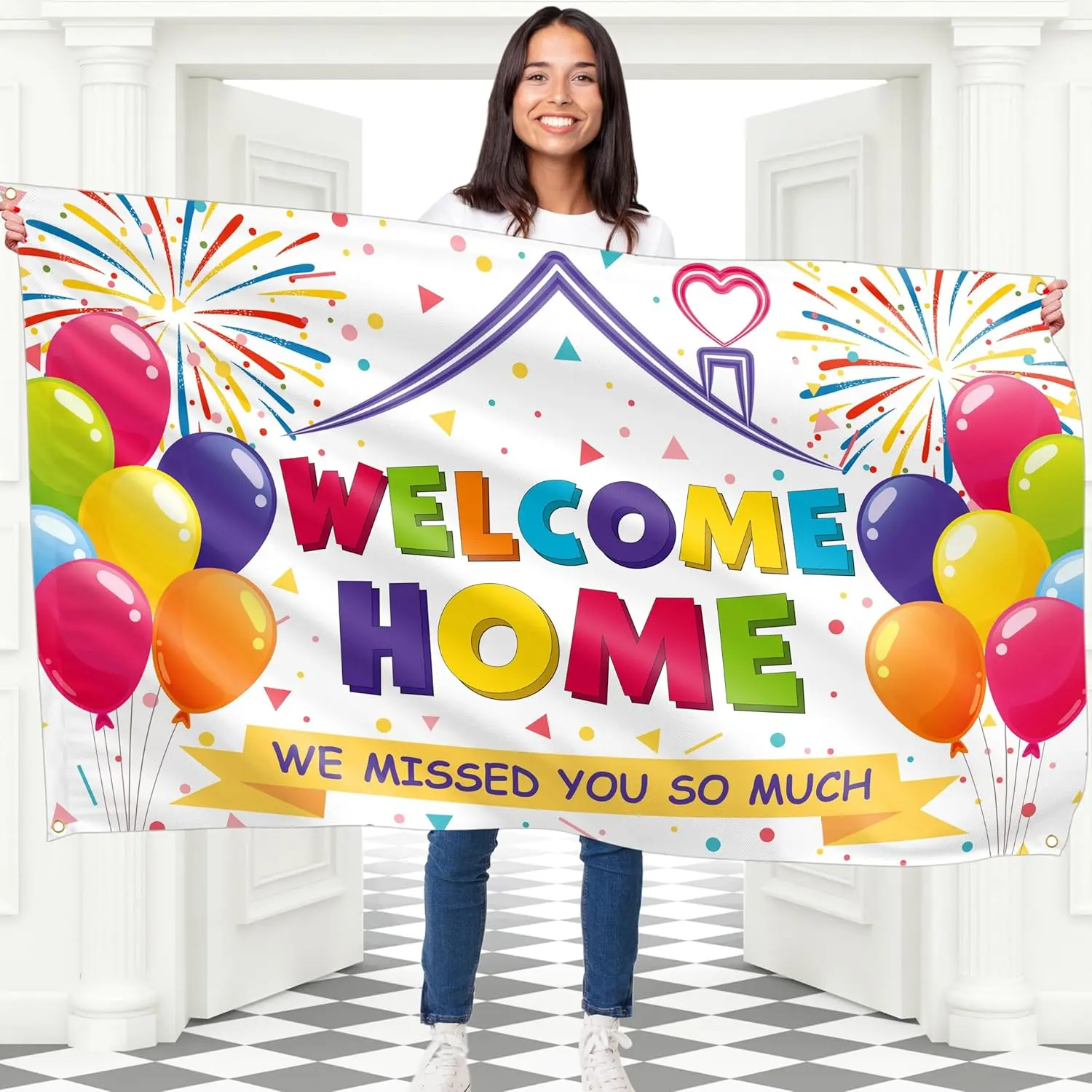 Welcome Home Banner - Welcome Back Decorations 5x3 ft for Office - We Missed You Banner (White)