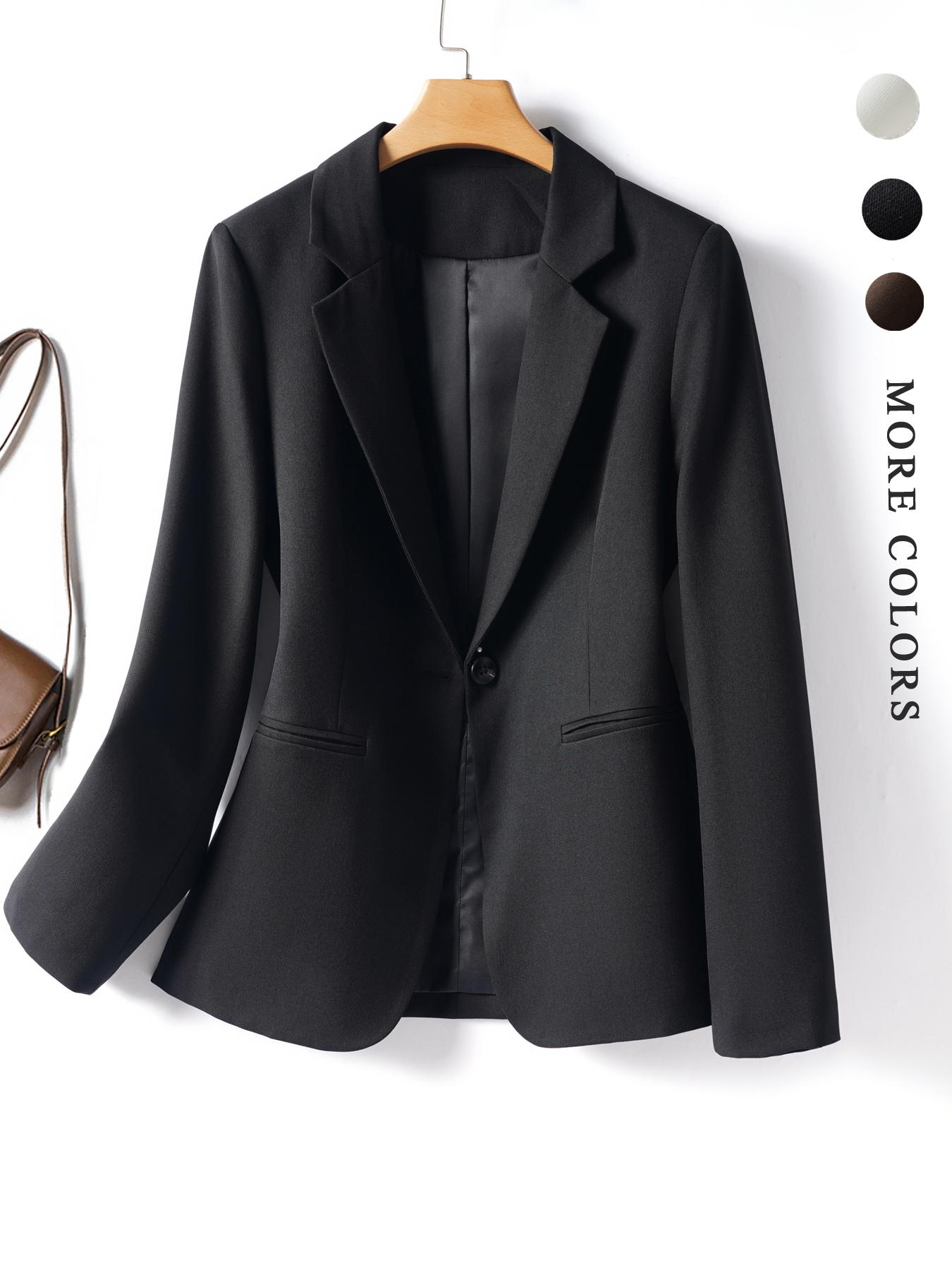 Women's Button Front Blazer Jacket, Slim Fit Long Sleeve Coat, Office Style, Spring & Fall Fashion, Plain Design with Pockets