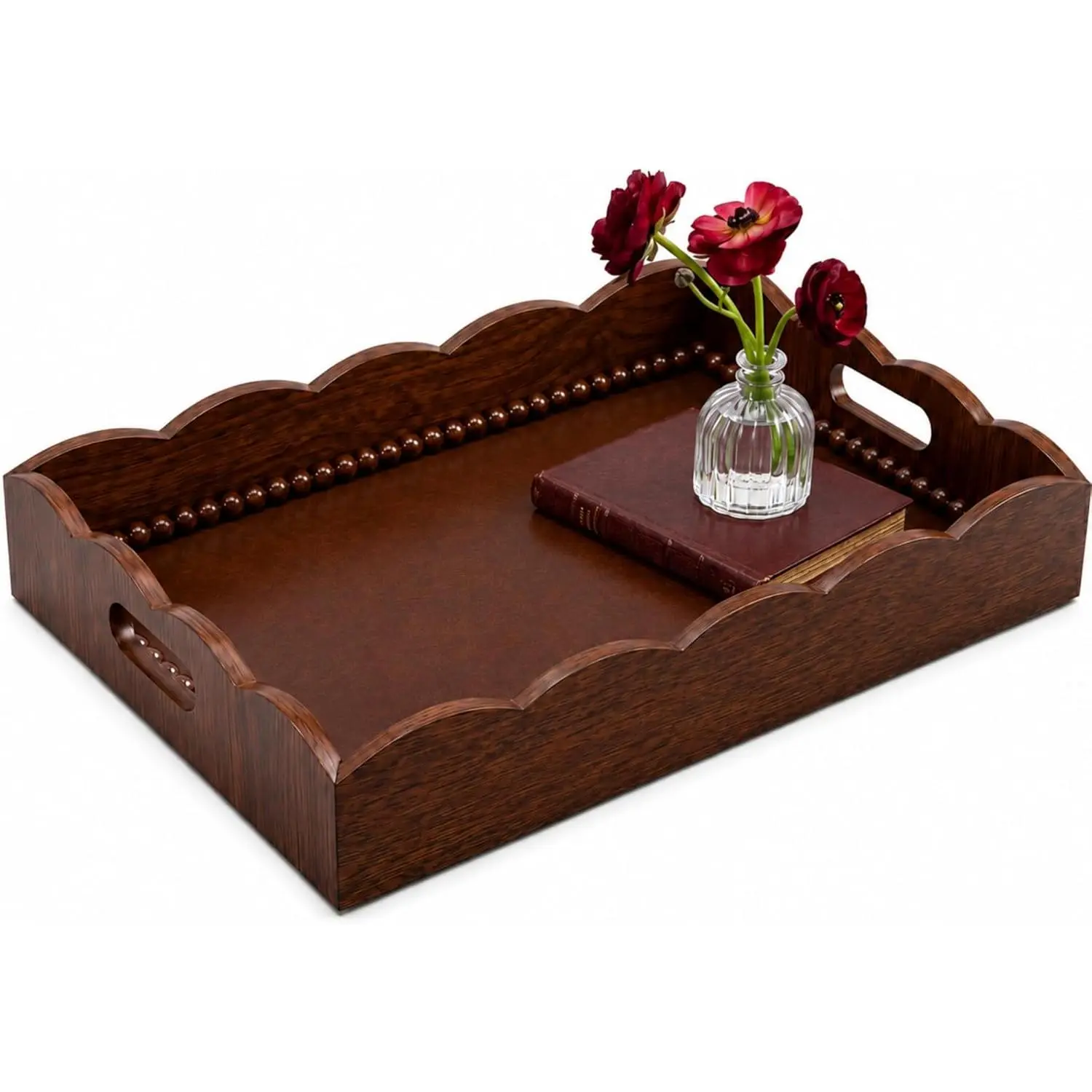 Wood Decorative Tray with Scalloped Edge Beads Trim Handle, 15" x 11" Wooden Serving Tray with Walnut Colored, Scalloped Trays for Bathroom Coffee Table Kitchen Living Room Bedroom Decor