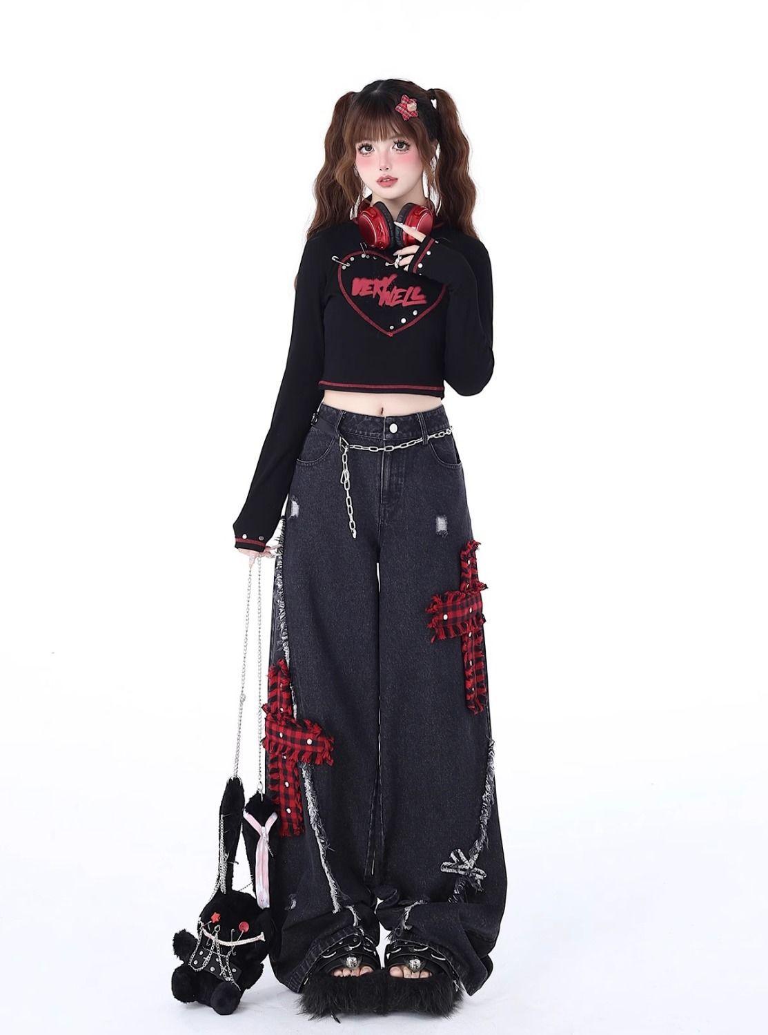 Women's Rock Punk Ripped Jeans, Spring New High-Waist Wide-Leg Pants, Loose Embroidered Floor-Length Denim, Drapey Casual Bottoms