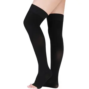 15-20 mmHg Medical Compression Socks for Women, Thighhighs with Dot-Top Open Toe, Relief for Varicose Veins, Swollen Legs, Travel Flight Use (Black, M), Compression Socks Women