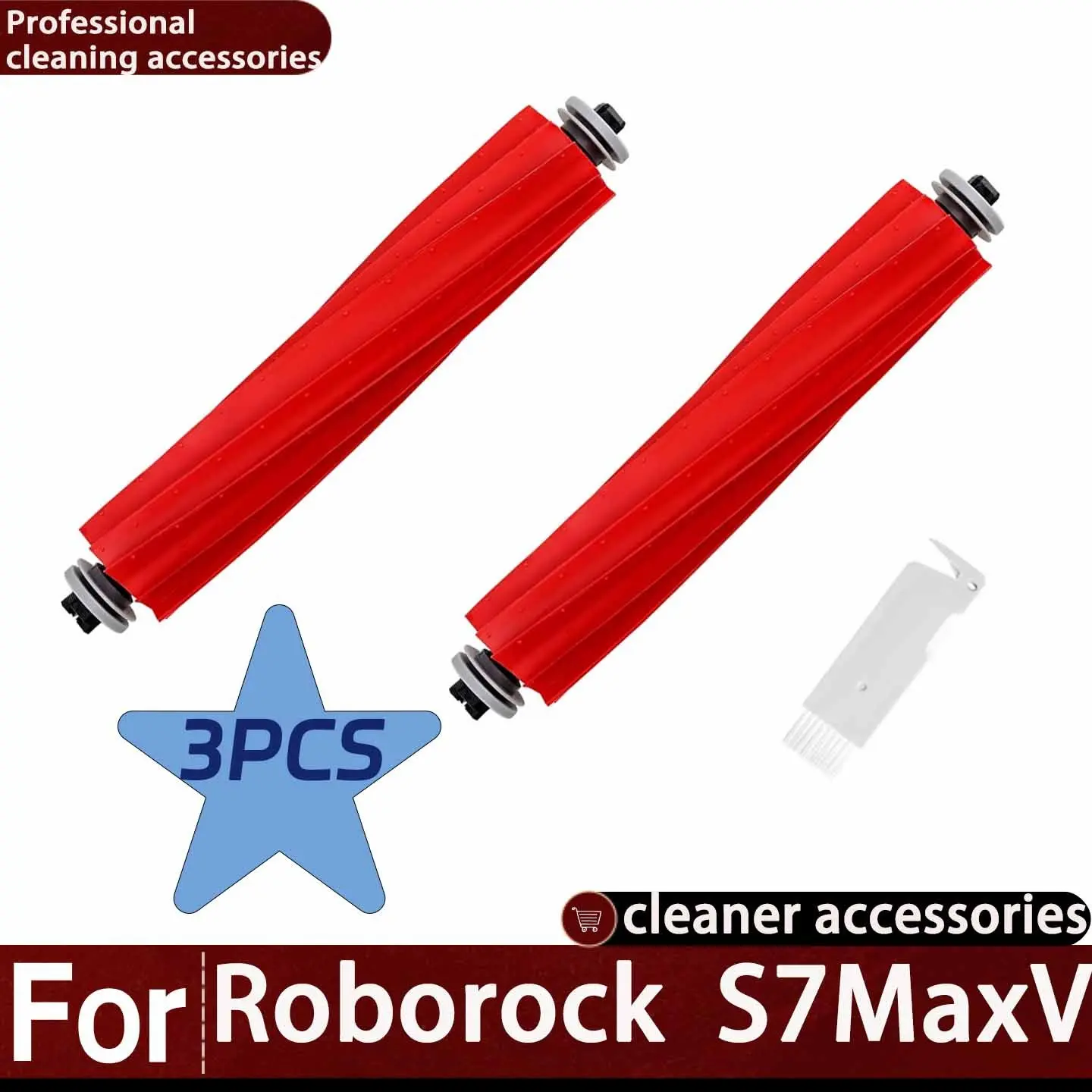 3-Piece Main Roller Replacement Kit with Cleaning Tools, Compatible with Roborock S7 Maxv, Anti-Tangle Silicone Rollers, Includes 2 Brushes