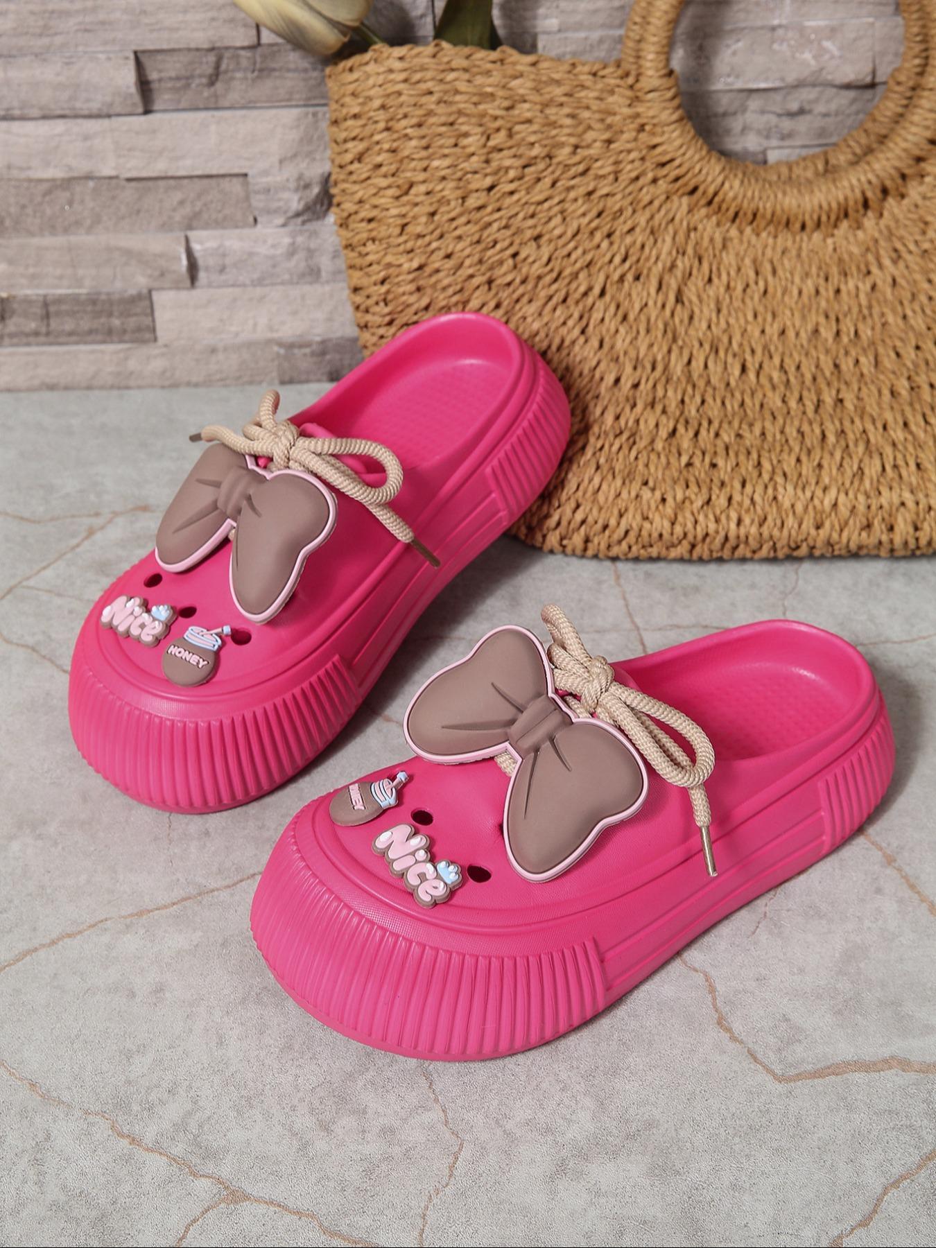 Women's Cute Cartoon Bowknot Design Clogs, Round Toe Slippers, Casual Comfortable Non-slip Clogs for Summer, Lightweight Breathable Shoes for Outdoor Beach