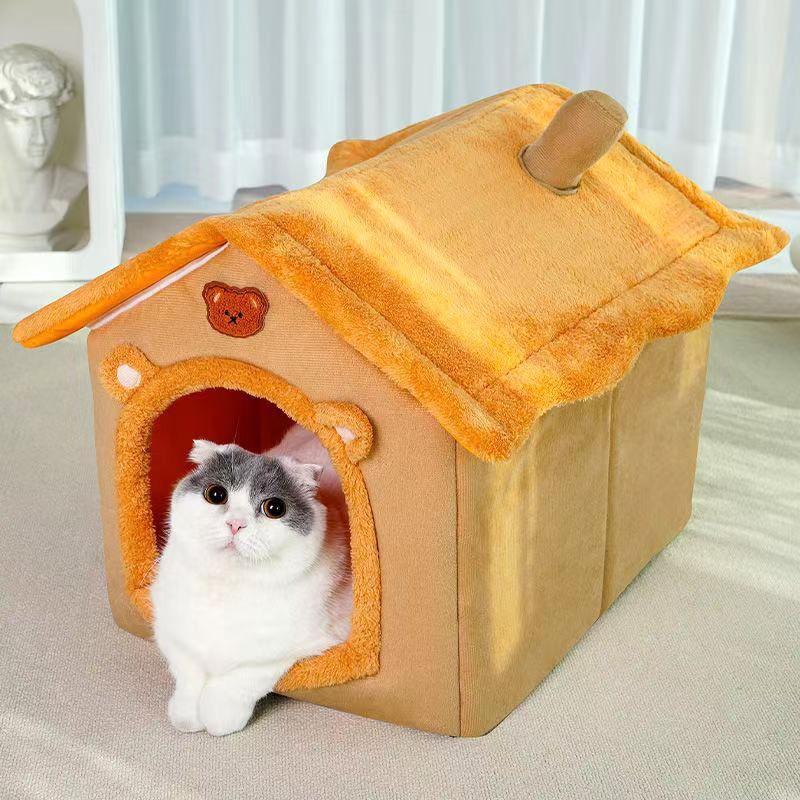 All-Season Warm Enclosed Cat House Villa Washable Removable Cover Cozy Pet Nest Warm Cave Bed for Cats Small Dogs