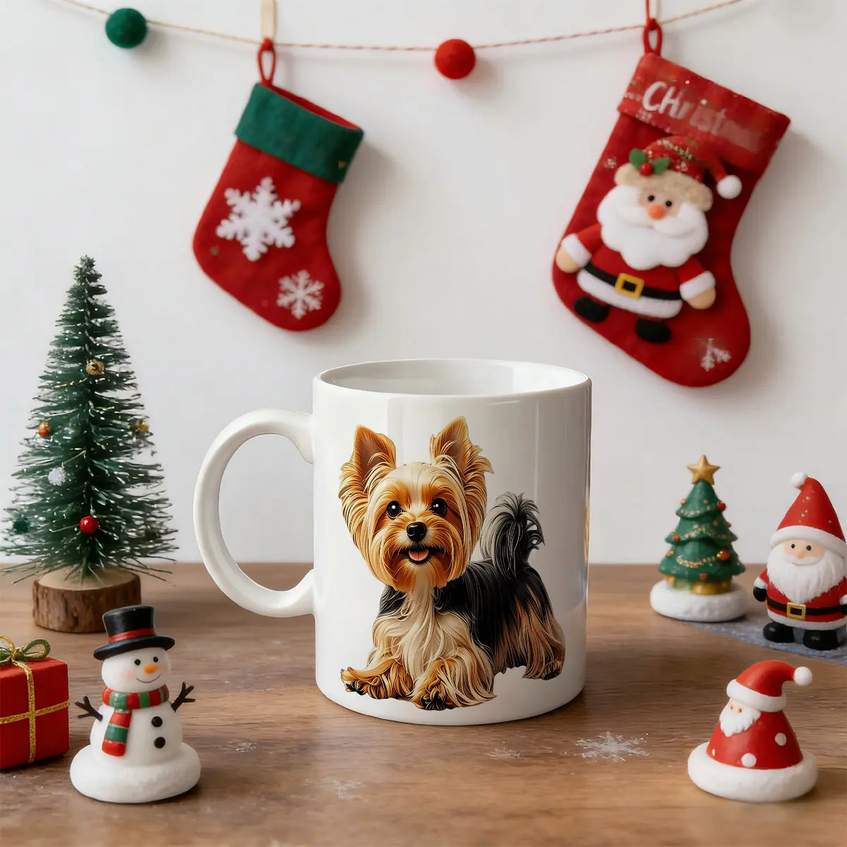 11oz Single Classic Round Ceramic Form Mug - Glossy Printed Yorkshire Terrier Design, Black Handle Grip, Black Interior, White Exterior, 0-500 ml Drinkware, Dishwasher Safe, Animal-Themed Room Decor, Gift Idea for Animal Lovers (Birthday)