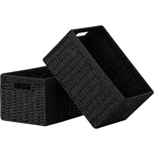 2 Pack Wicker Basket, 13.4L×8.3H×7.1W inch Woven Paper Rope Storage Baskets for shelves, Foldable Rectangular Storage Baskets with Handle, Storage Basket for Organizing, （Black,2pack Medium）