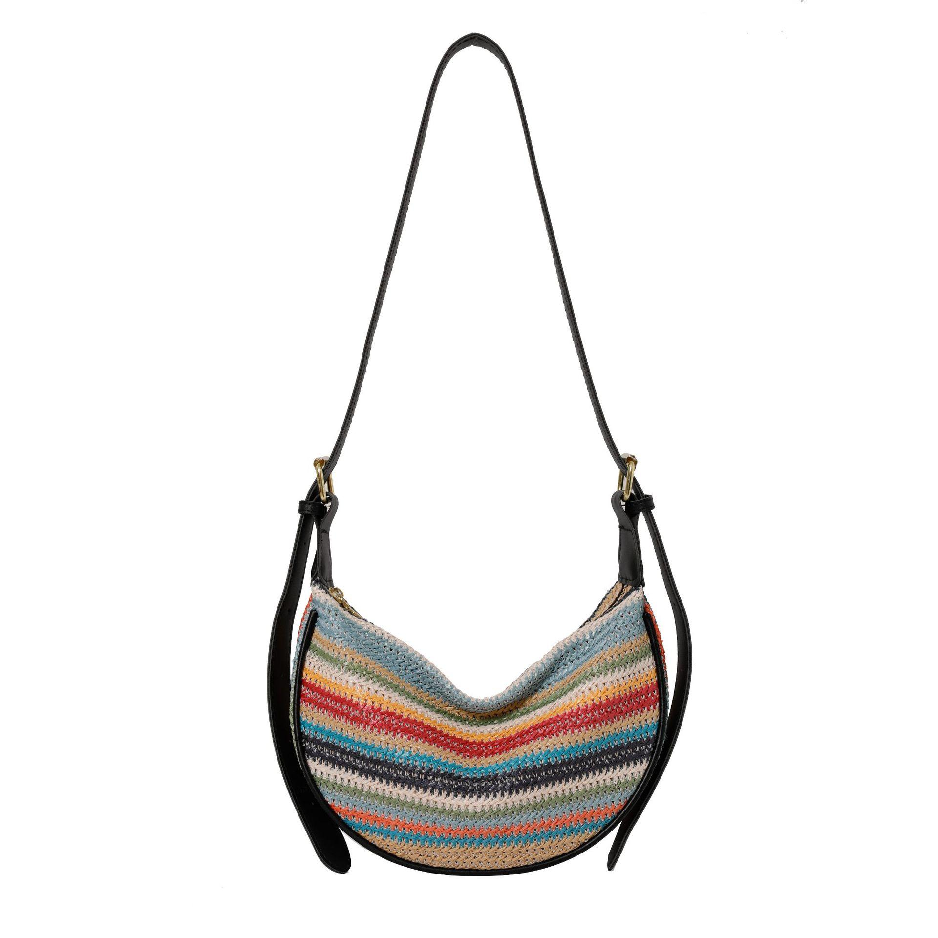 Summer Woven Bag for Women – New Style Large Capacity Cross-body Bag with Shoulder Strap – Rainbow Stripes Dumpling-Shaped Woven Fabric Tote for Daily Commuting