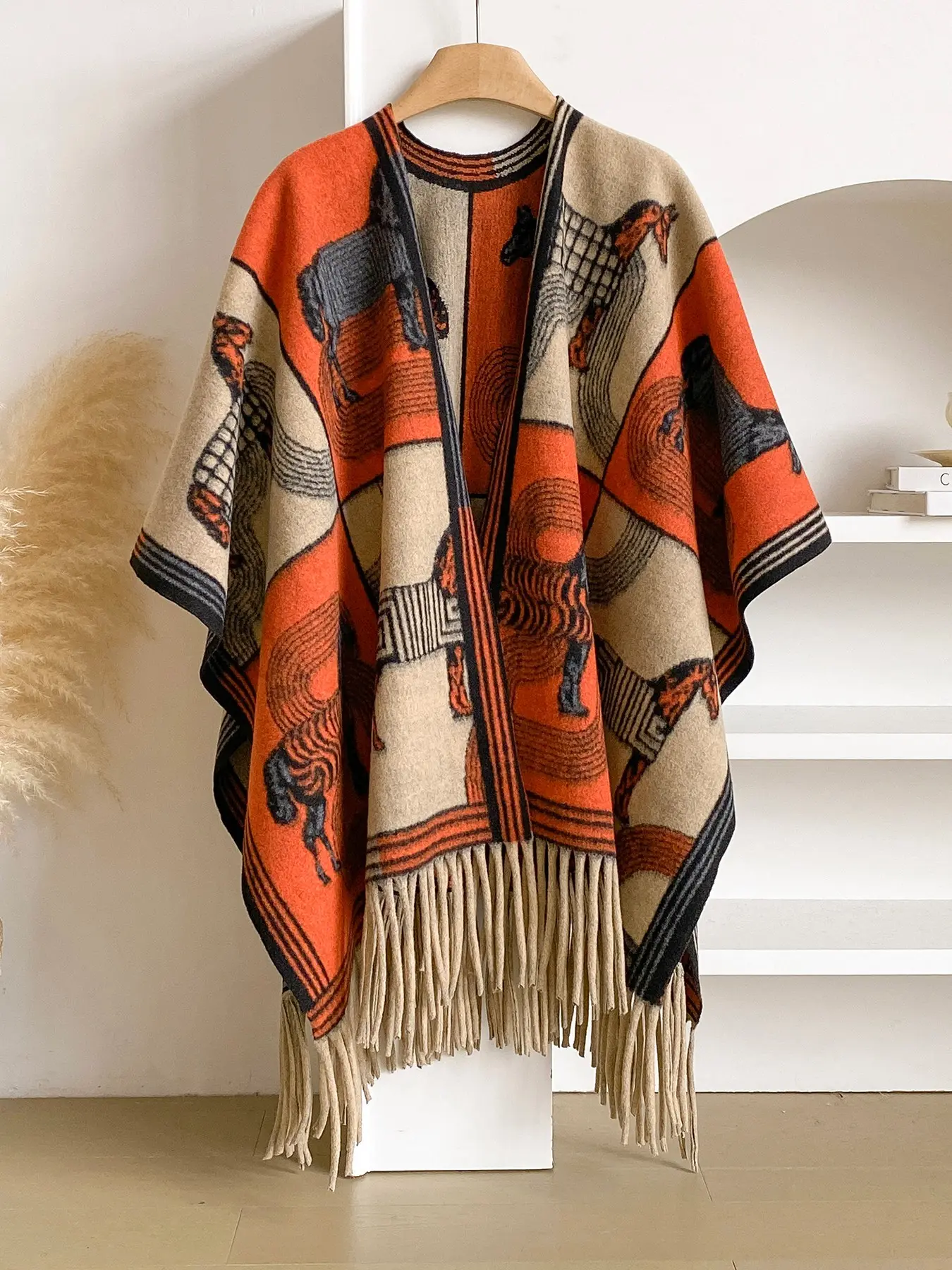 Women's Thick Fringe Shawl, Floral Pattern Open Front Cape, Warm Fall Winter Accessory, Casual Daily Wear, Stylish Cozy Wrap