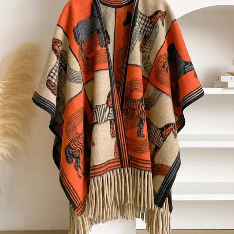 Women's Thick Fringe Shawl, Floral Pattern Open Front Cape, Warm Fall Winter Accessory, Casual Daily Wear, Stylish Cozy Wrap, Fashion Shawl