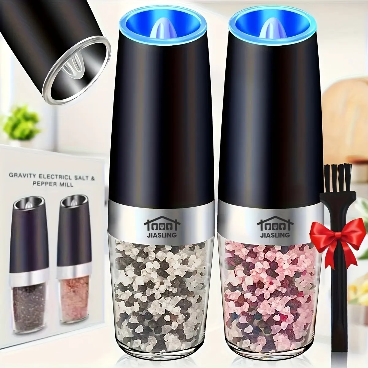 JIASLING 1/2 Pcs Electric Gravity Salt and Pepper Grinder Set, Battery Operated Large Capacity Spice Shakers with LED Light, Multiple Color Options, Ideal Kitchen Gift