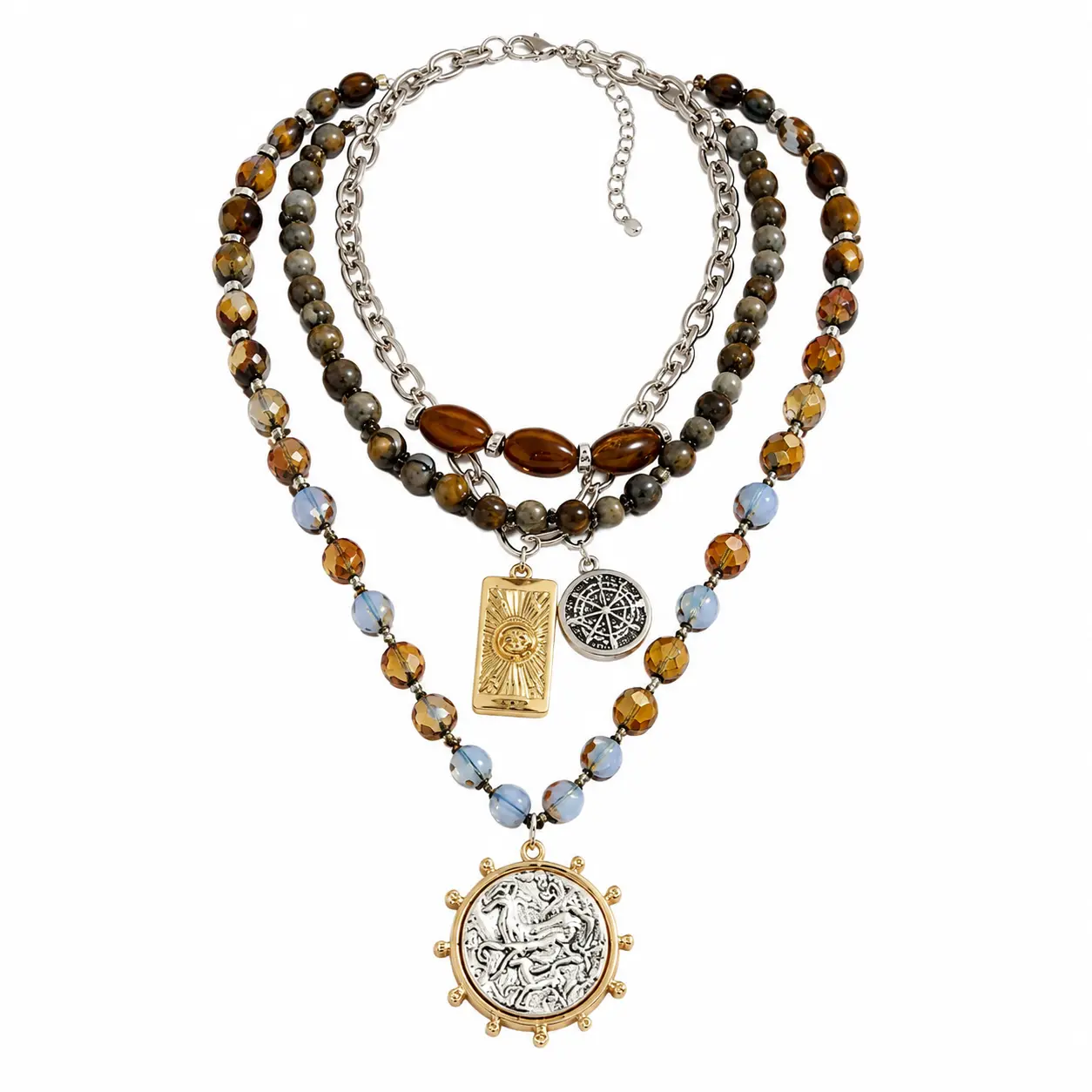 Women's Adjustable Coastal-Inspired Tiger Eye Beaded Choker Necklace, Bohemian Layered Chain with Natural Stone Beads, Compass Charm Pendant, Stacking Costume Jewelry for Everyday Wear, Travel