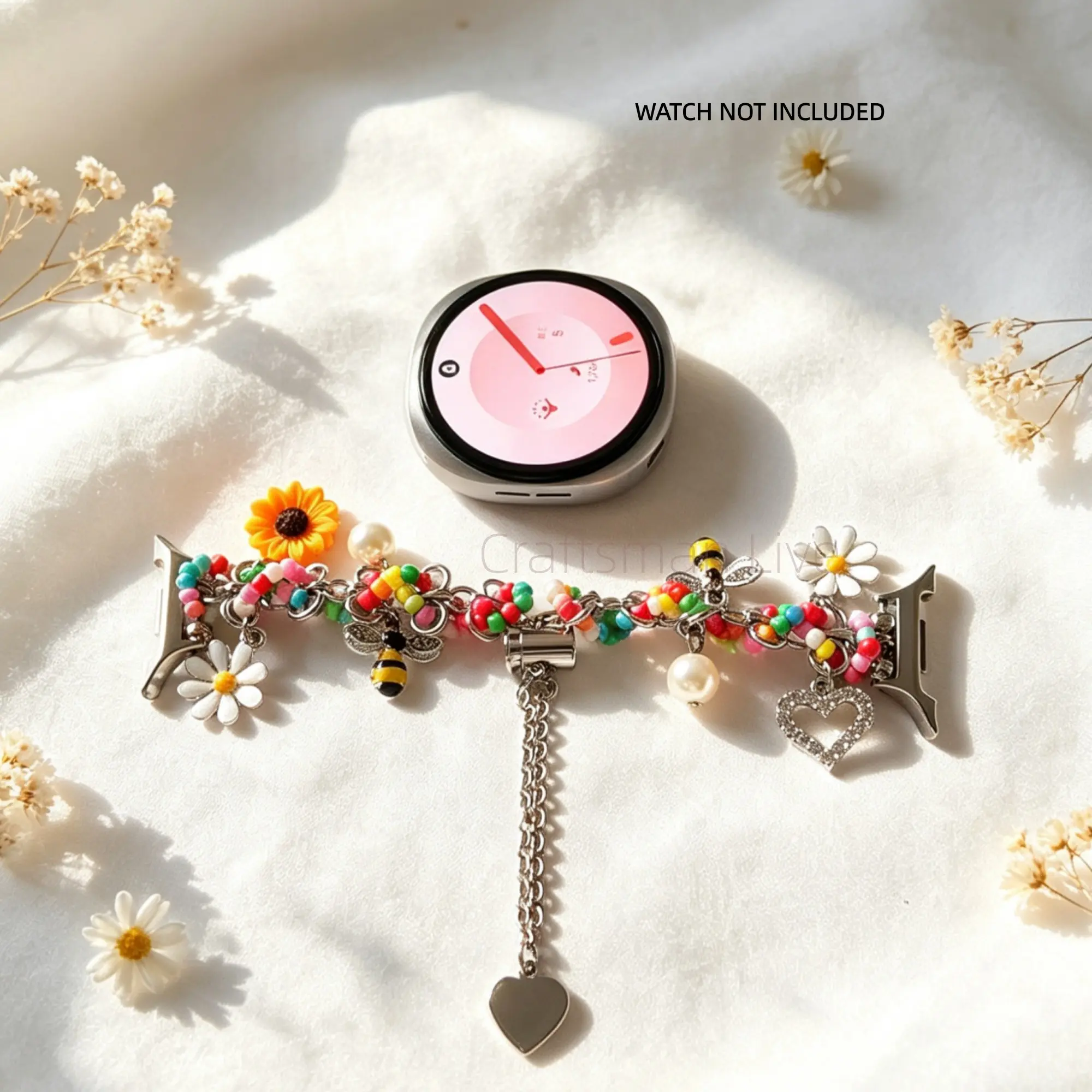 Metal Chain Flower Pendant Strap for Galaxy Watch 9/8/Classic 40/44/46mm Compatible | Luxury Chain Strap for Samsung Galaxy Watch 9 40mm 44mm/8 Classic 46mm, Women's Strap Love Pendant Replacement Strap Smart Watch Straps
