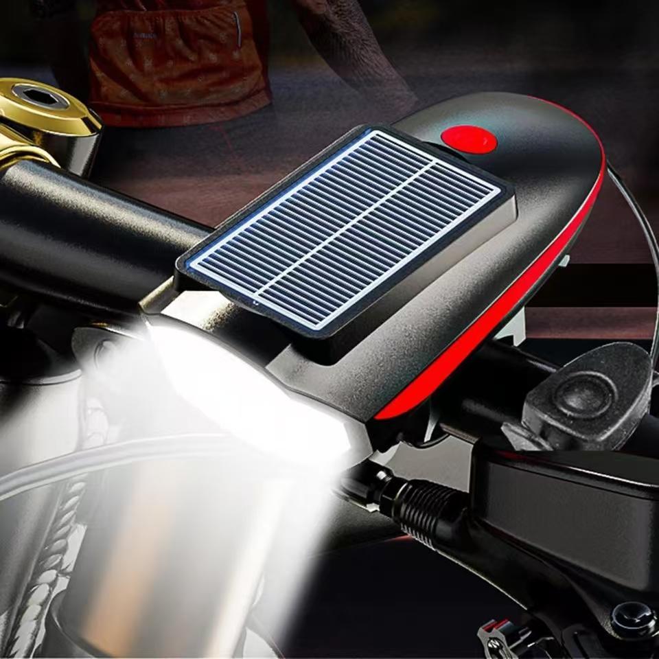 Solar Powered Bike Light, 1 Count Waterproof Bicycle Headlight with 120db Horn, High Brightness 80m Visible Floodlight Range USB Charging Bike Light