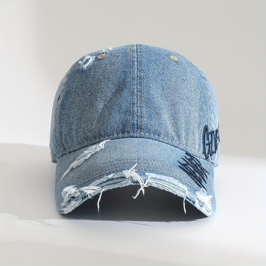Two-pack of women's hats, stylish retro washed and distressed blue baseball caps, with vintage lettering embroidery on the sides, frayed brim, simple wide brim that shows off the face, windproof hiking hats, unisex and versatile style, adjustable size.