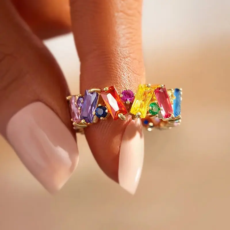 Vibrant Rainbow Ring, Baguette Ring, Colorful Eternity Band Rings for Women, Emerald Cut Cubic Zirconia Cocktail Rings, Colorful Jewelry, Rainbow Gifts