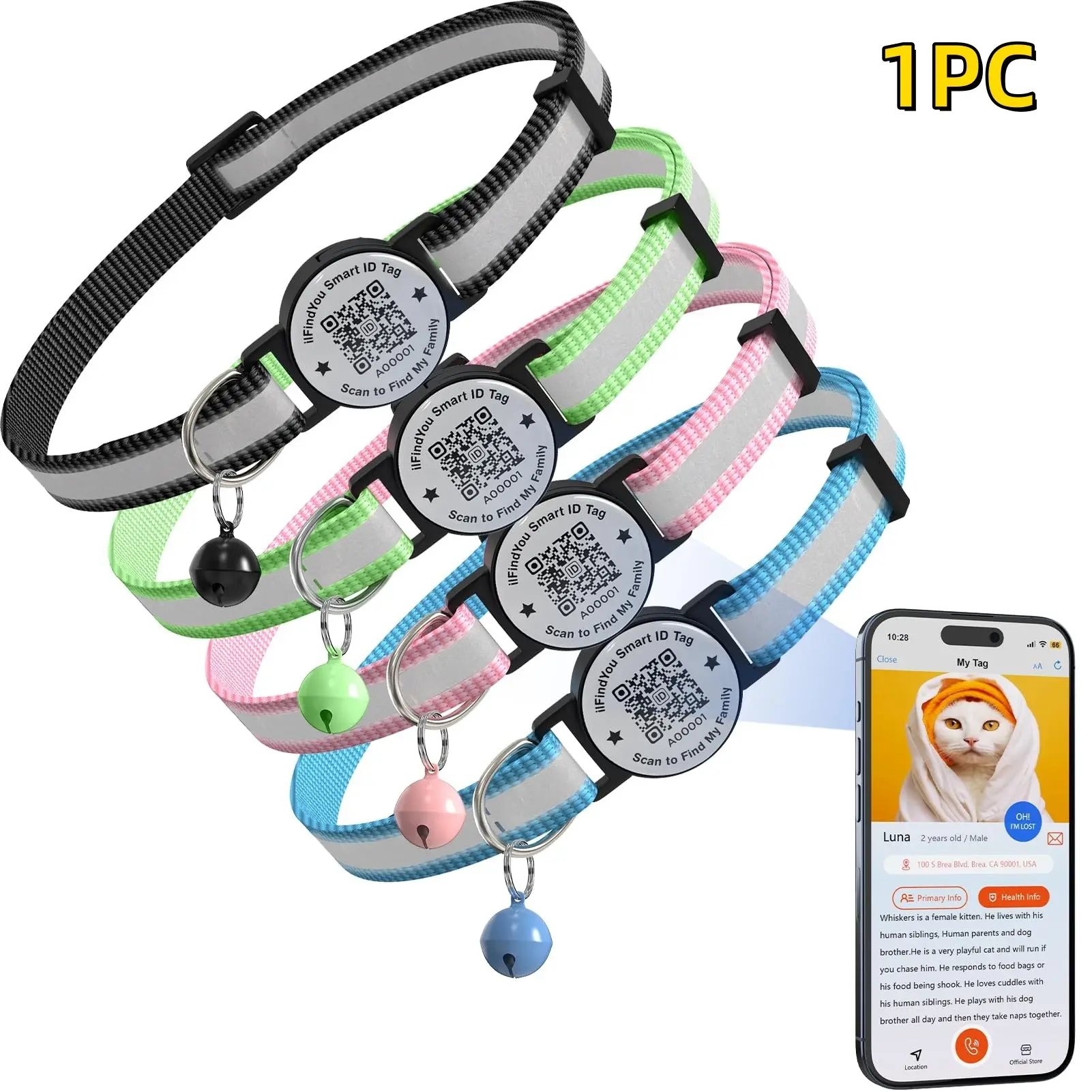 Breakaway Cat Collar QR Code, Reflective Bell, Adjustable Kitten Breakaway Safety Buckle, Reflective Strips, Name ID Plate, Lightweight for Small Cats Kittens