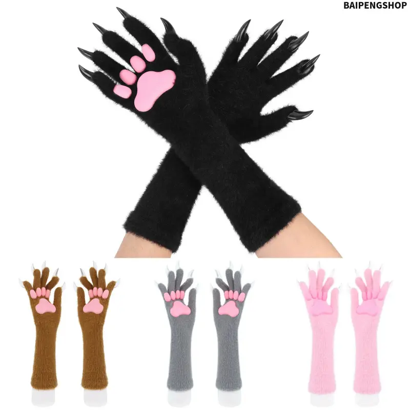 Women Fluffy Faux Fur Bear Paw Costume Mitts, Realistic Latex Padded Gloves With Sharp Claw Details, Cute Cosplay Prop Accessory For Halloween Party Wild Themed Dress-Up Events