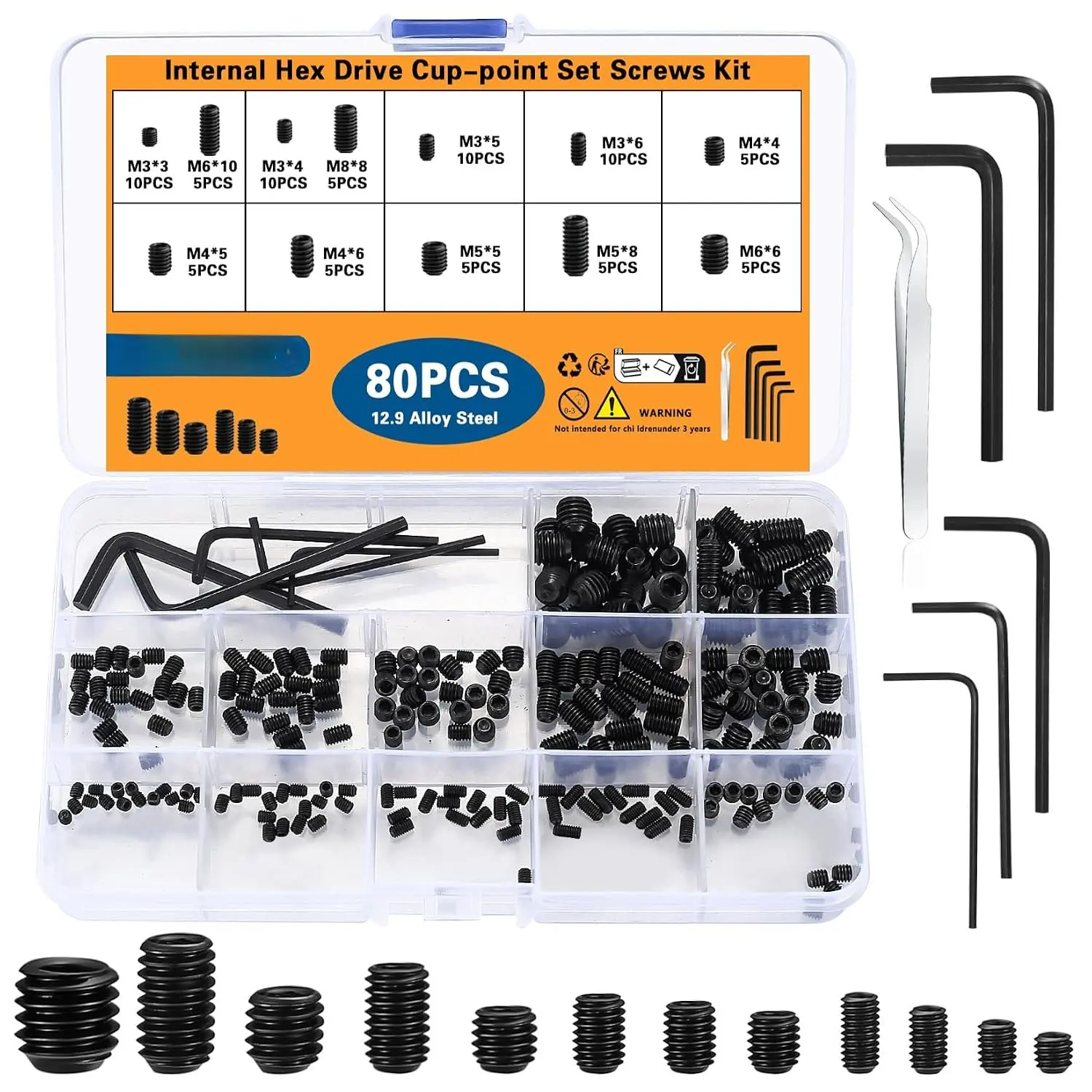 80 count Allen  Screws, Hex Socket  Screws, Grub Screw Set, M3/M4/M5/M6/M8 Metric Stainless Steel Internal Hex Drive Cup-Point Screw  Kit for Door Handles, Light Fixture(Black)